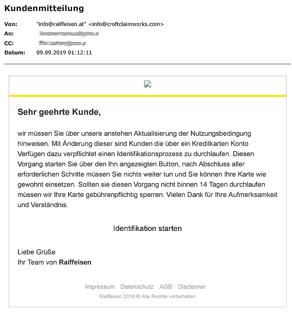 Deutschland: betrügerische Raiffeisen E-Mails im Umlauf