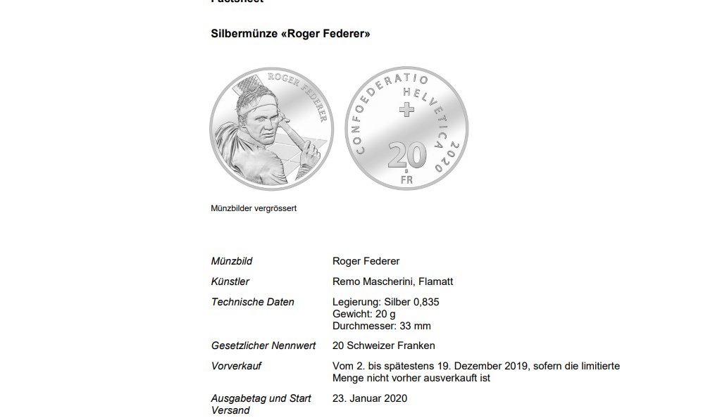 Swissmint: Roger Federer Silber Münze bringt Webseite der Eidgenössischen Finanzverwaltung zum Absturz