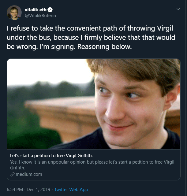 Ethereum’s Vitalik Buterin to Sign ‘Free Virgil Griffith’ Petition Following FBI Arrest