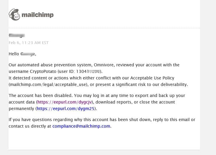 Crypto Ban Strikes Again: The Popular Mailing Service MailChimp Bans CryptoPotato’s Account