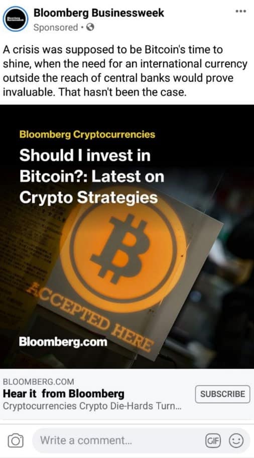 Mainstream: Bloomberg Is Promoting Bitcoin-Related Content Via Facebook Sponsored Ads