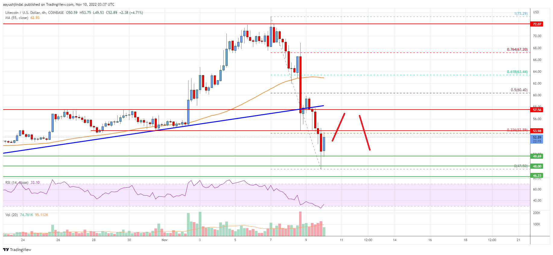 Litecoin (LTC) Price Analysis: Main Support Nearby At $48